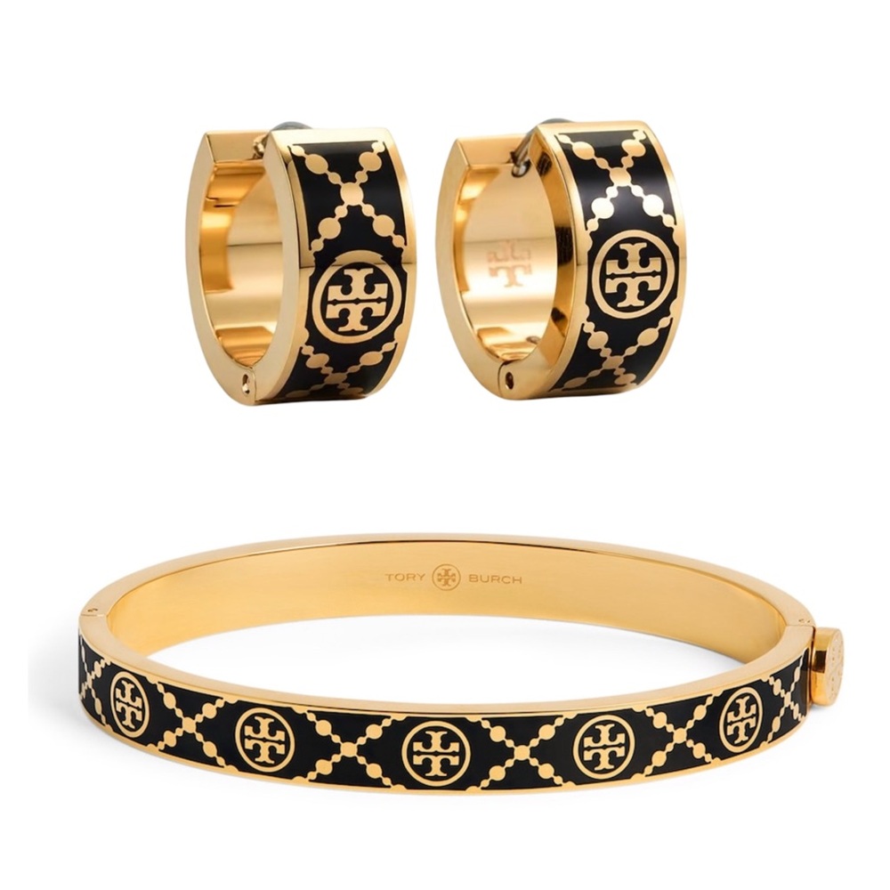🆕 TORY BURCH • Double T Monogram Hinge Bangle Bracelet Earrings Hoop Set